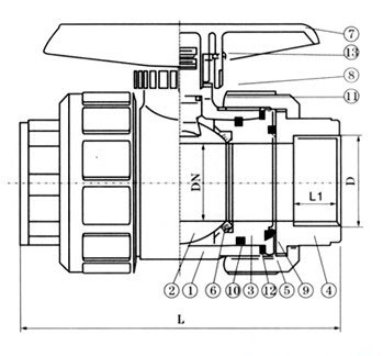 Q61F-10S焊接塑料球阀截面图